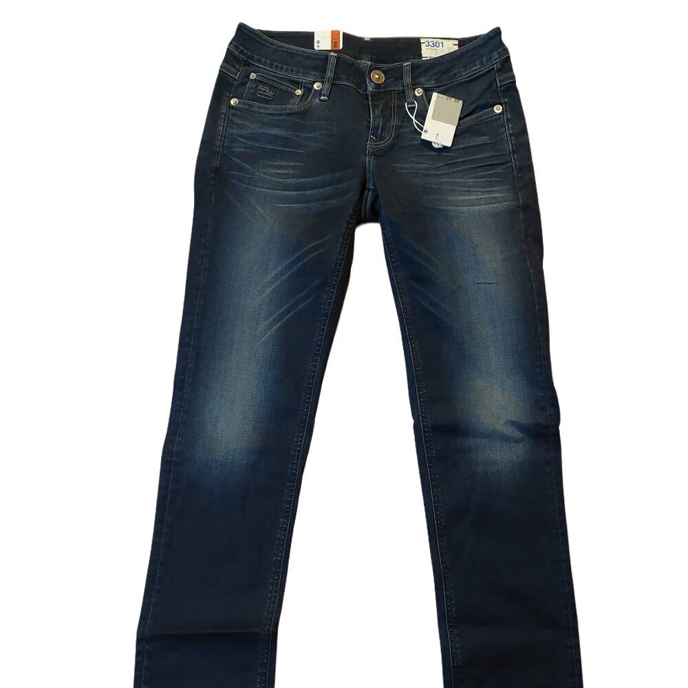 G-Star Raw 3301 Straight Leg 3D Aged Wash Blue Denim Jeans Sz 26 NWT